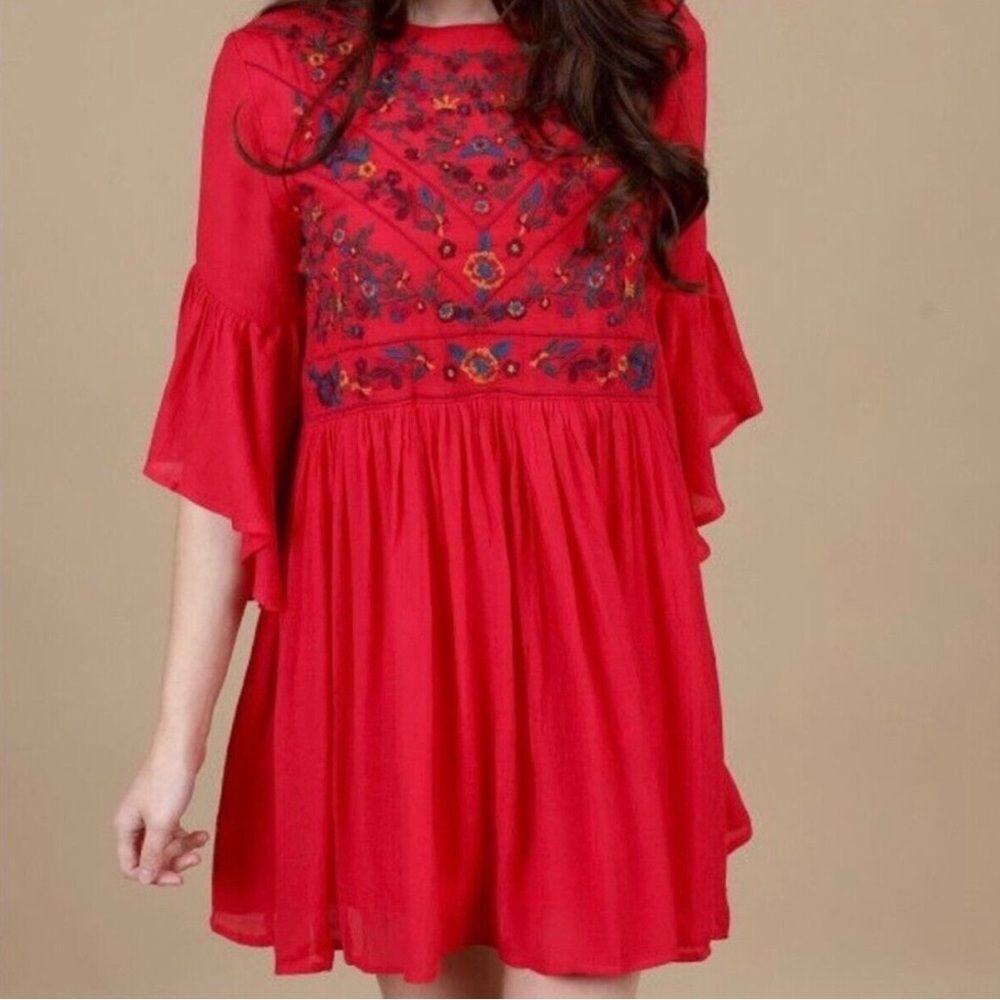 Umgee Boho Bliss Embroidered Waterfall Ruffle Bell Sleeve Baby Doll Dress M